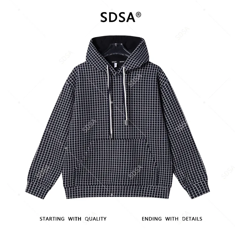 SDSA男士秋冬新款痞帅男装撞色格纹格子设计抽绳连帽卫衣复古百搭