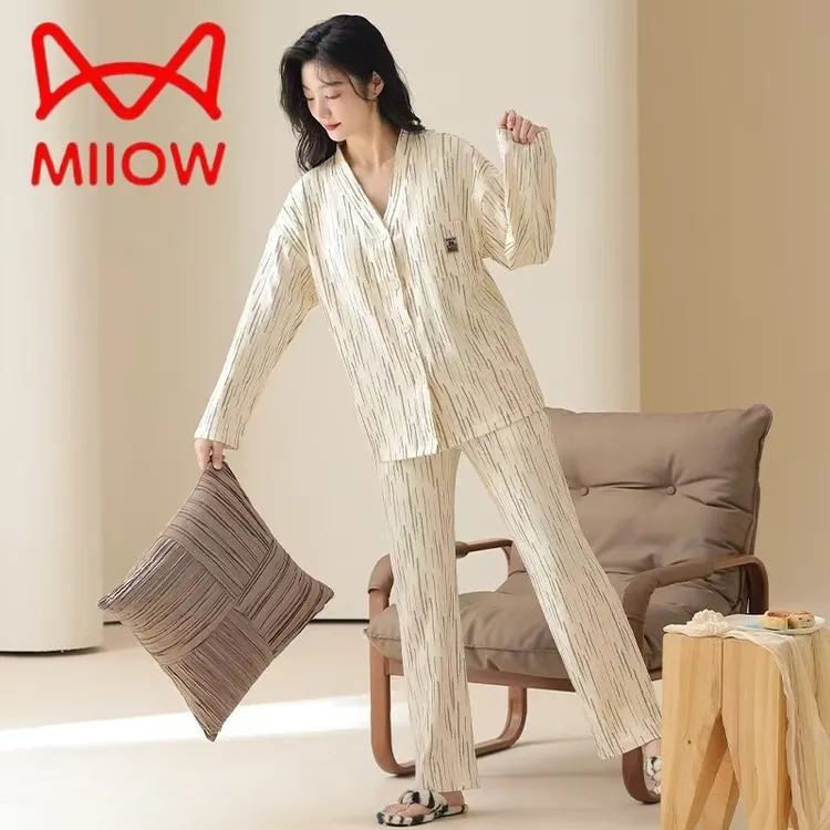 MiiOW/猫人秋季常规休闲长袖透气春秋季大码套装睡衣家居服套装
