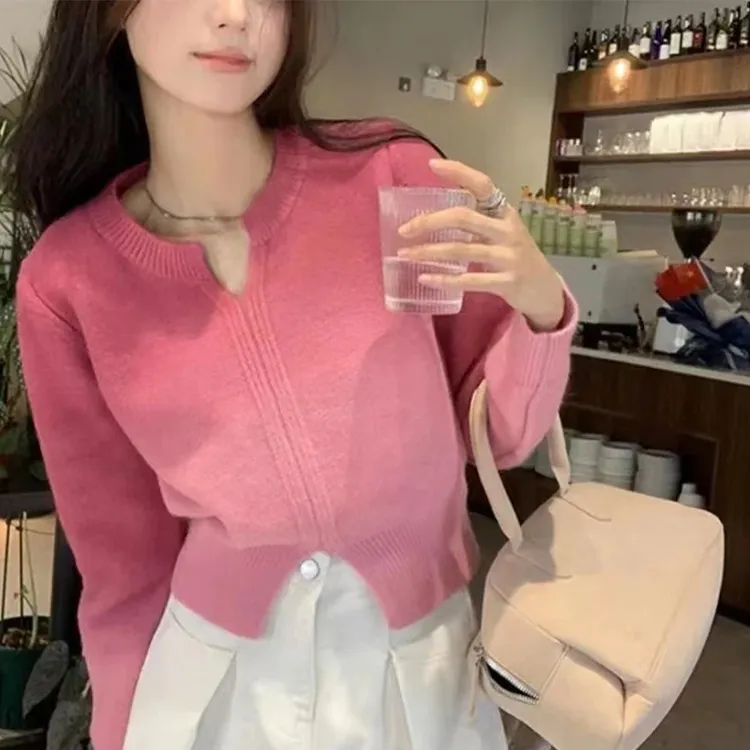 DIDORSSBO秋季新款韩系V领渐变针织长袖毛衣显瘦百搭上衣女Z-0515