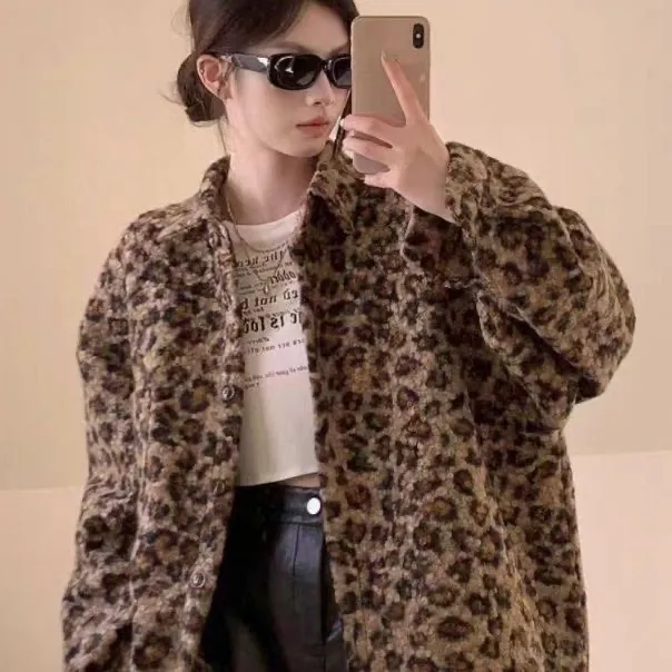 全额运补新款秋冬季立领豹纹毛绒外套女设计感百搭宽松显瘦上衣