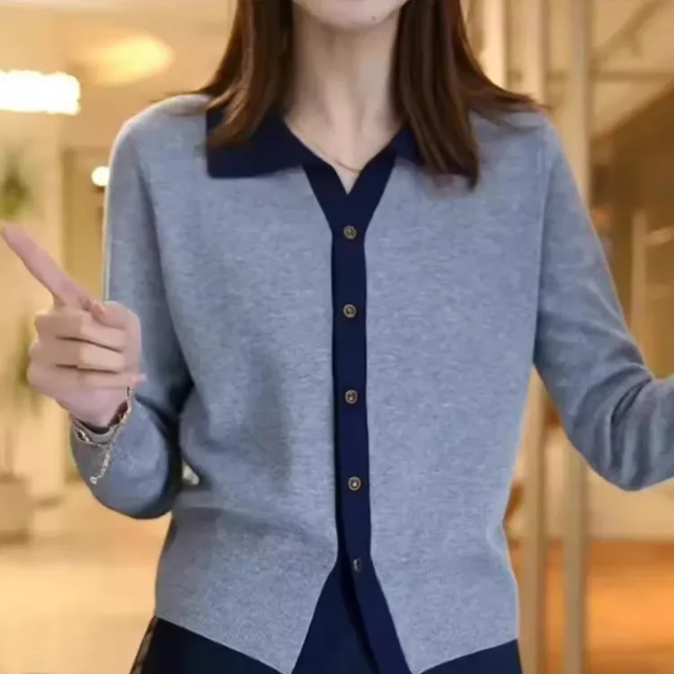 春秋新款宽松减龄时尚拼色针织开衫毛衣女衫外套气质洋气上衣