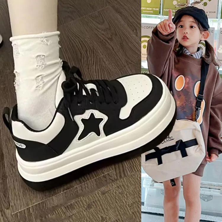儿童鞋子女童春秋新款黑白星星厚底大头鞋爆款韩版鞋子运动小白鞋
