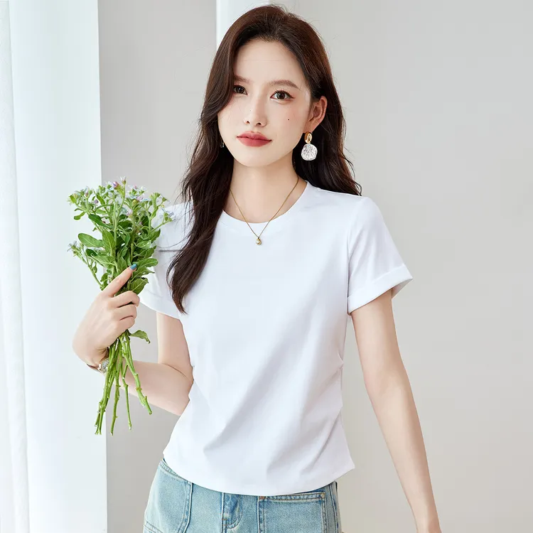 夏季新款2025爆款T恤白色短袖圆领显瘦百搭洋气压褶修身女装上衣