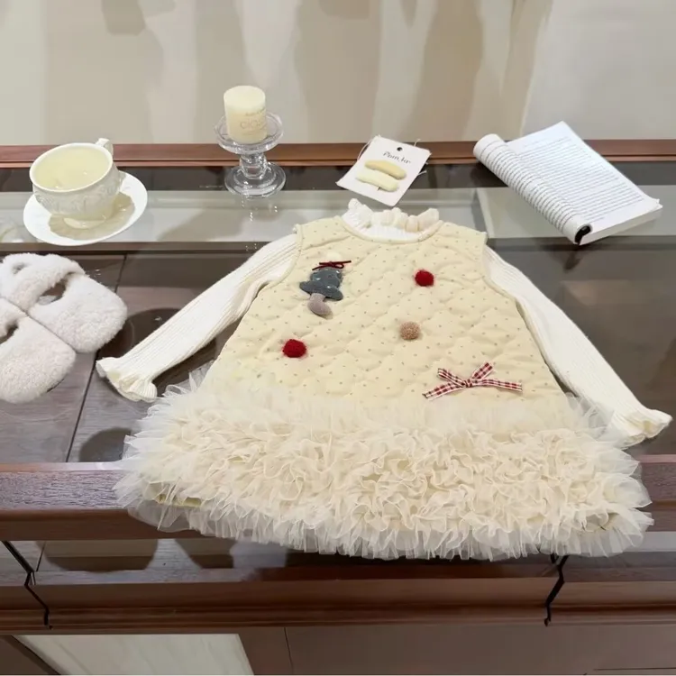 女童连衣裙冬季女童波点网纱加绒裙圣诞宝宝洋气背心连衣裙公主