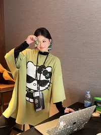 【荟荟啥都会】酷酷哒/2025秋季麻棉刷毛韩系欧尼休闲超大版印花T裙