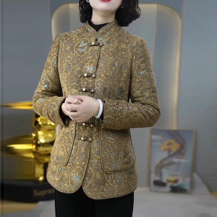 高档时尚气质夹棉外套女2025秋冬新款妈妈保暖棉衣小个子国风棉服