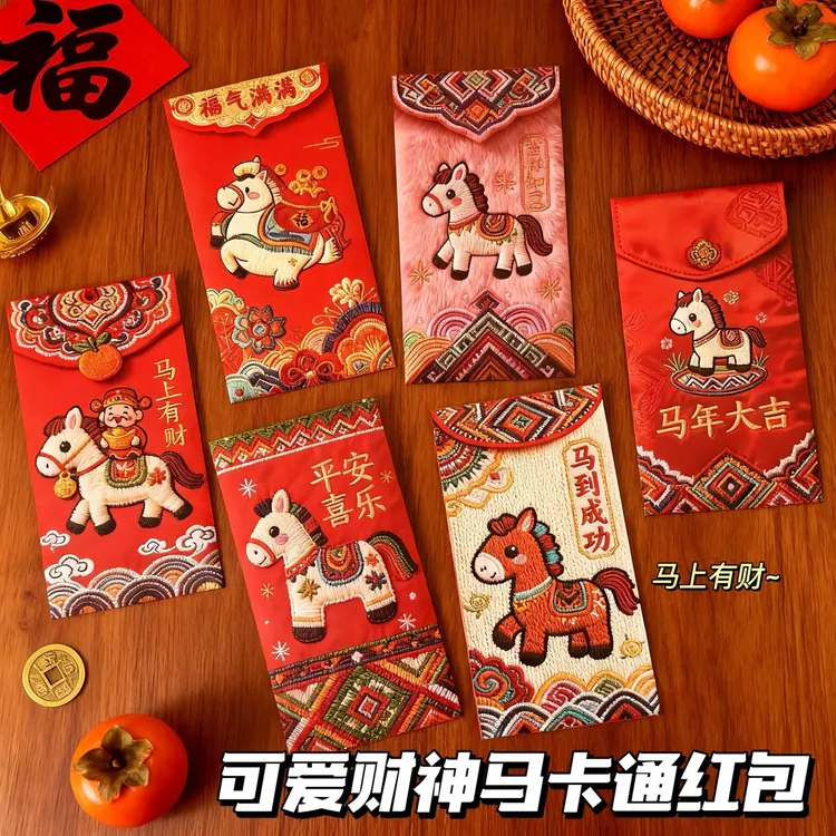 马年创意立体刺绣图案风格中式卡通可爱压岁红包利是封新年红包