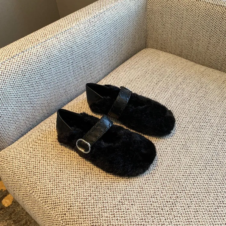 弥笛毛毛鞋女平底一字扣带加绒保暖软底复古玛丽珍鞋女棉鞋搭裙子