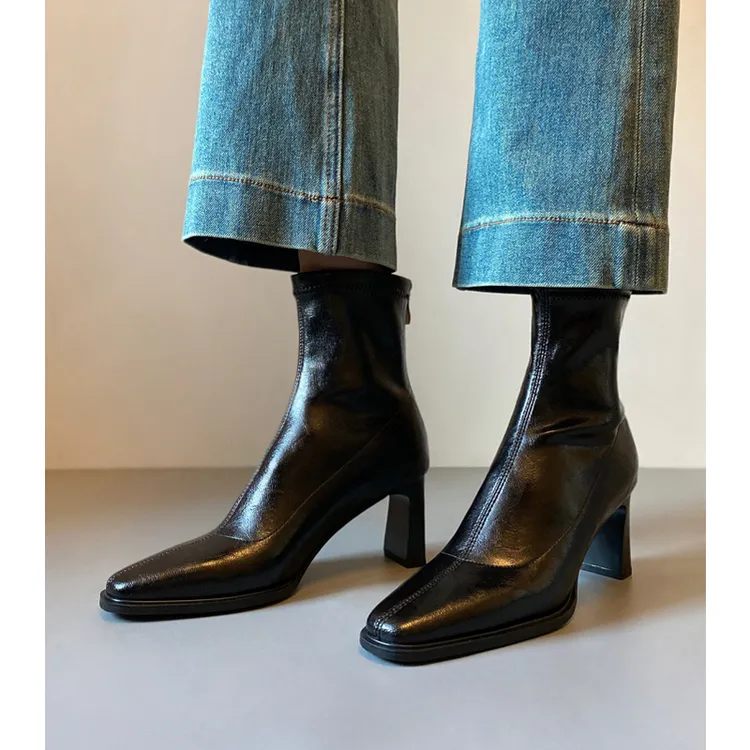 法式复古风方头粗跟短靴女2025新款百搭时尚高跟英伦风弹力瘦瘦靴