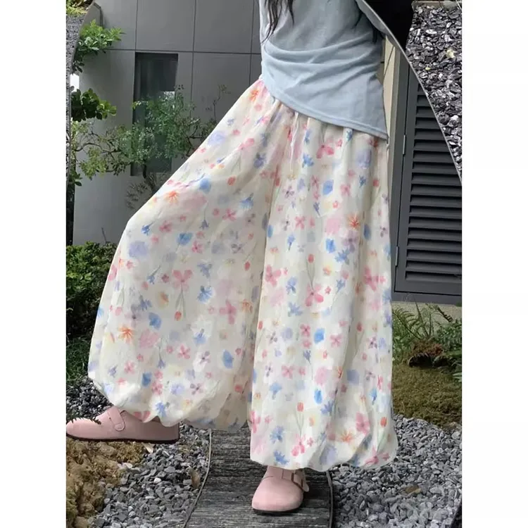彩色花苞裤阔腿裤女夏季新款撞色高腰云朵裤子印花中长款蓬蓬长裤