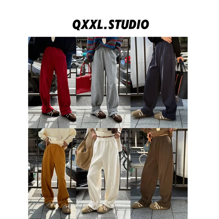 邱小小丽呀 冬季新款韩系加绒弯刀裤女百搭设计高腰宽松休闲卫裤