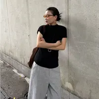 【逸语服饰】2025秋季袖口褶皱设计半高领纯色修身显瘦百搭T恤上衣