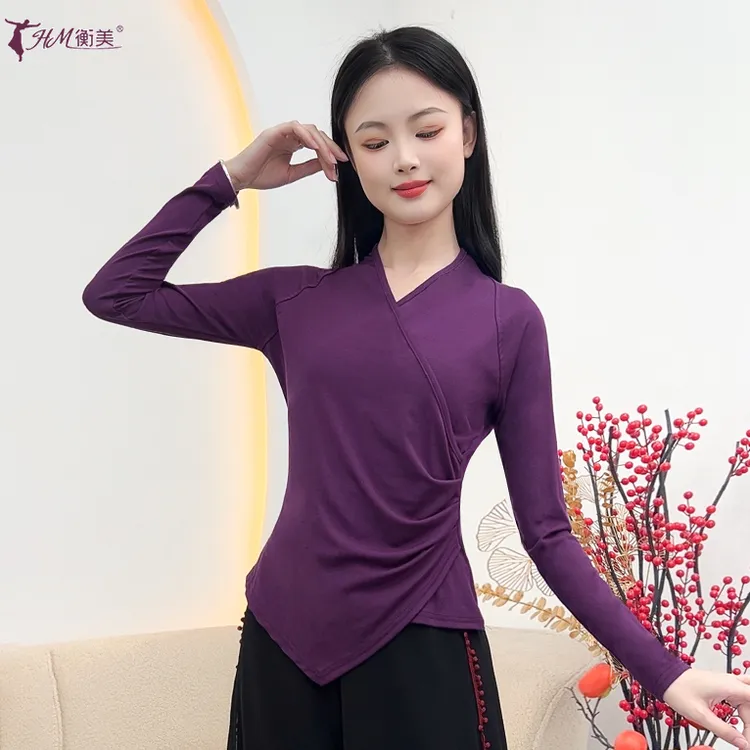 秋冬新款古典舞练功服女交叉领不规则长袖现代舞广场舞形体演出服