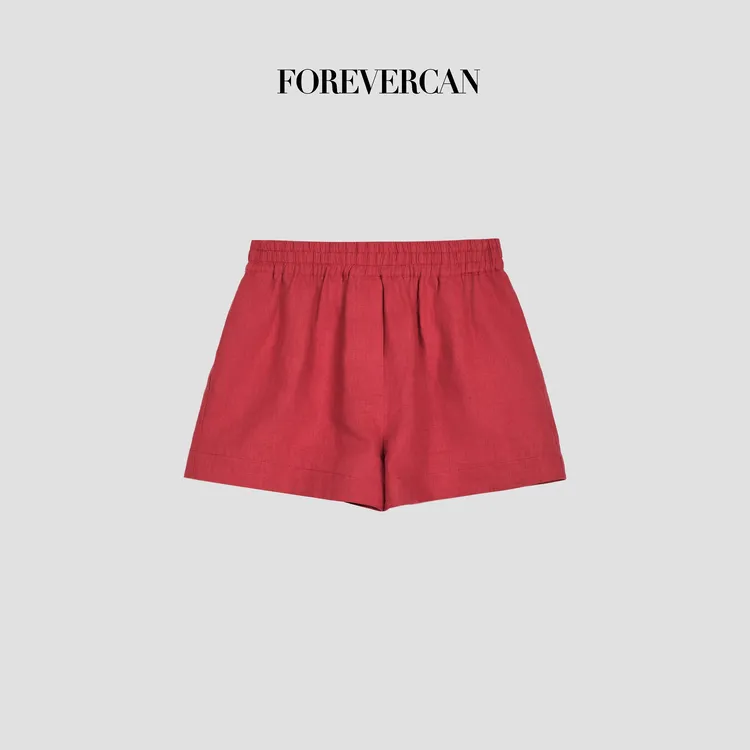 FOREVERCAN“雅痞老钱”法国进口雨露麻松紧腰百搭红色短裤SP23519