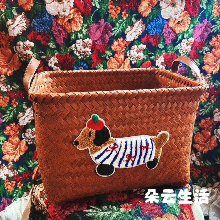 复古条纹腊肠狗狗编织包手提包尼龙绳吊坠脏衣篓收纳篮
