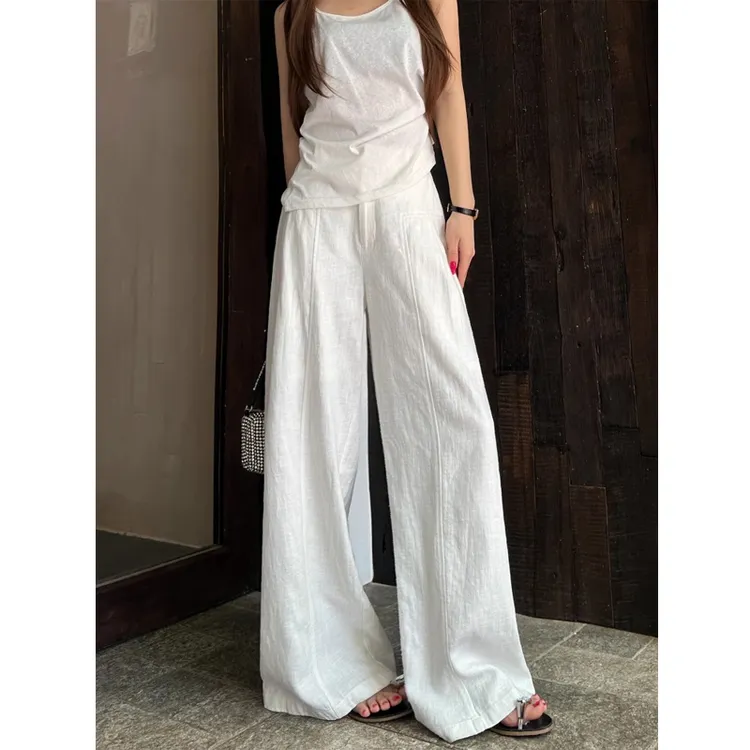 裤长112cm加长高个子白色苎麻休闲裤女高腰显瘦老钱风亚麻阔腿裤