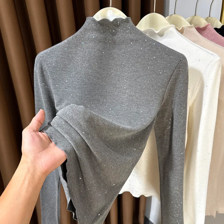 木耳边德绒长袖保暖上衣女2025秋冬一体绒内搭修身亮片上衣打底衫