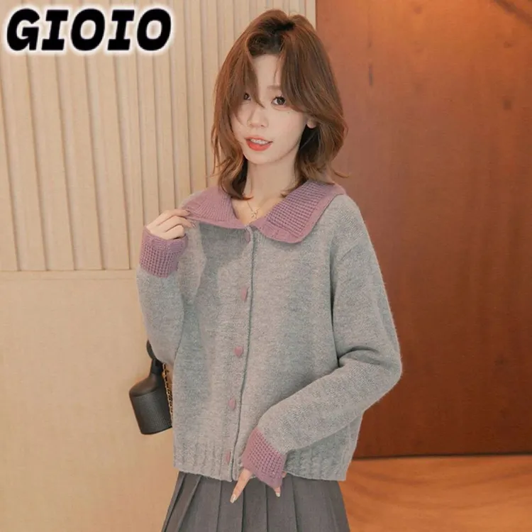GIOIO拼接设计感2025小众温针织衫女翻领春装新款毛衣女撞色春秋