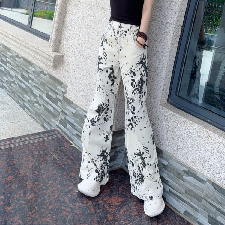 FS LIFE【明星同款】夏季新款拼接豹纹印花宽松休闲阔腿牛仔裤A3155