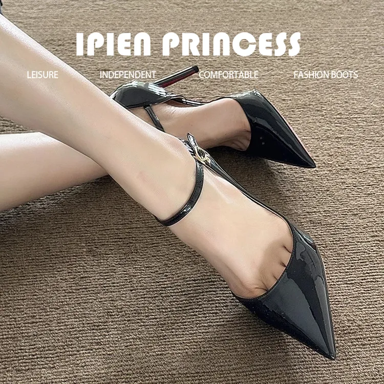 黑色高跟鞋女细跟尖头2025秋季新款性感红底鞋黑色一字带高跟鞋