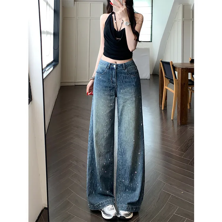 流星雨重工烫钻阔腿牛仔裤女2025秋季新款高腰宽松显瘦高级感长裤