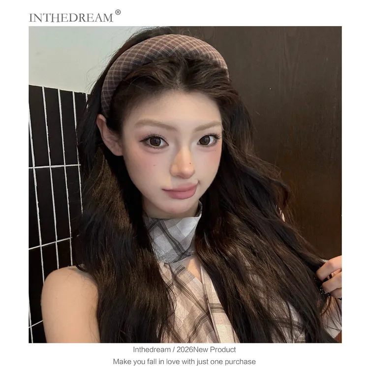 复古格纹宽边发箍女高级感日常外戴头箍高颅顶度假发捆头饰