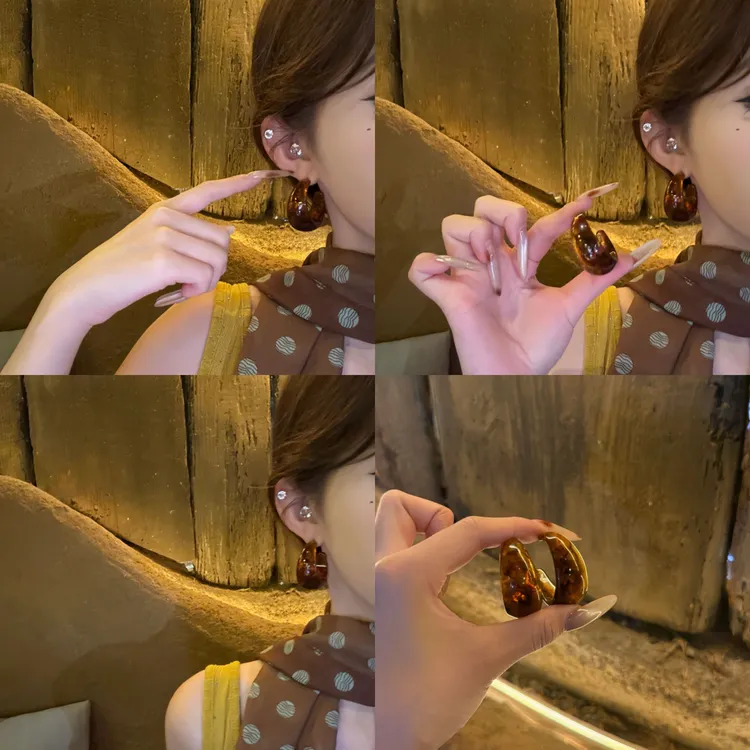 铜合金树脂耳饰 法式c型树脂琥珀耳钉独特圈圈耳环复古高级感耳饰