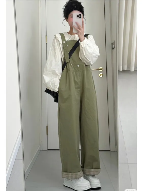 2025春季新款法式田园风穿搭甜美可爱长袖衬衫工装背带裤两件套女