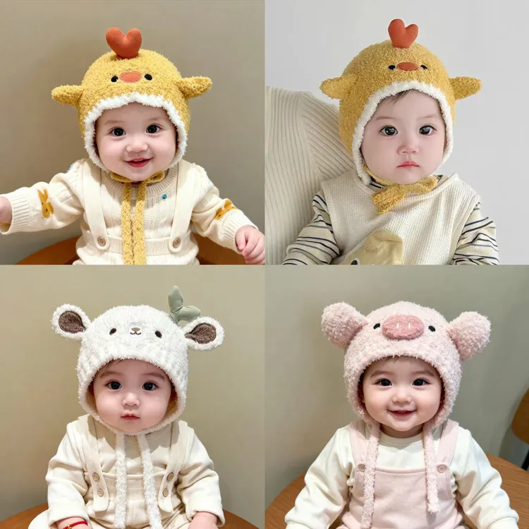 婴儿帽子秋冬款超萌新生宝宝卡通毛线帽冬天男女小月龄保暖护耳帽