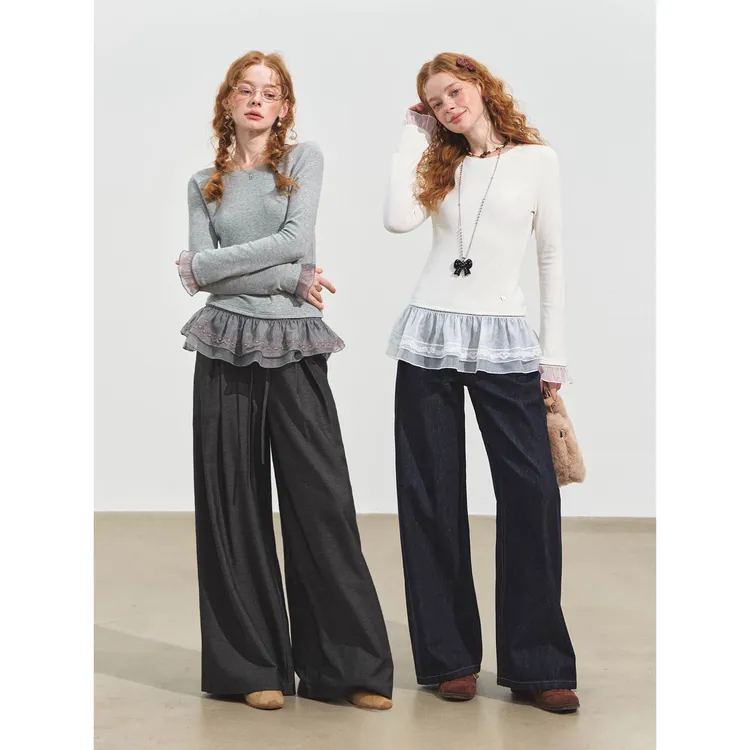 SOMESOWE双层花边插肩袖暖绒上衣