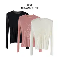 Jokara/丘可儿【白芷】设计感时尚气质休闲网纱拼接网纱小衫上衣