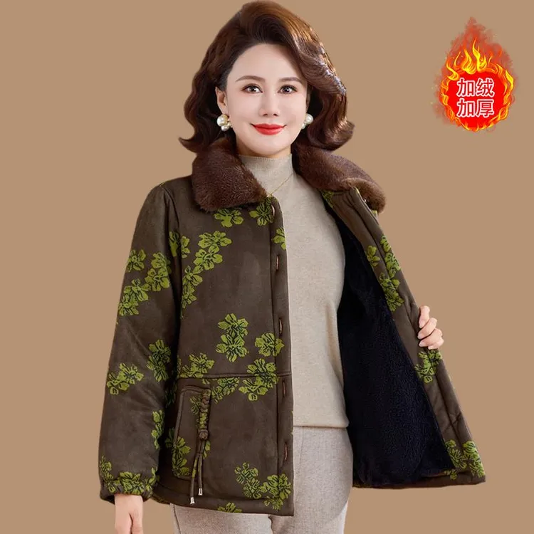 FAVMARTHA妈妈冬装加绒加厚棉衣外套中老年人女装洋气保暖棉袄大