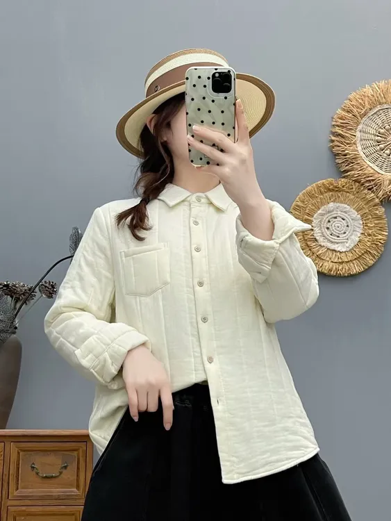 秋冬文艺复古纯色棉纱绗缝夹棉长袖衬衫女宽松休闲百搭上衣衬衣