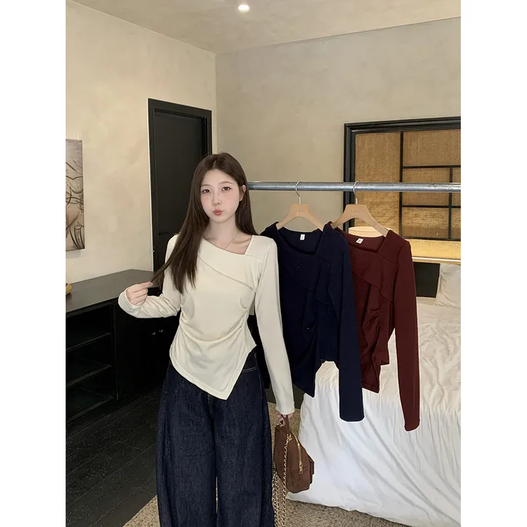 2025秋新款胖mm大码女时尚设计感斜领不规则修身时尚百搭长袖T恤