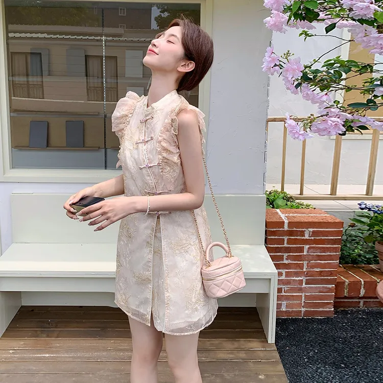 新中式国风刺绣飞飞袖旗袍连衣裙套装女夏季巨好看的阔腿裤两件套