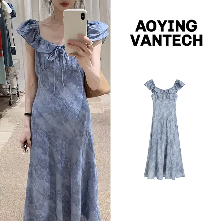AOYING VANTECH【薄荷暗礁】蓝色显白扎染小飞袖系带提花连衣裙