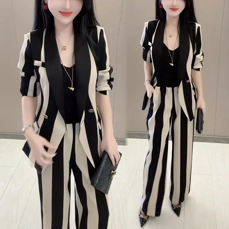 时尚西装套装女2025秋季新款气质显瘦条纹西服外套阔腿长裤两件套