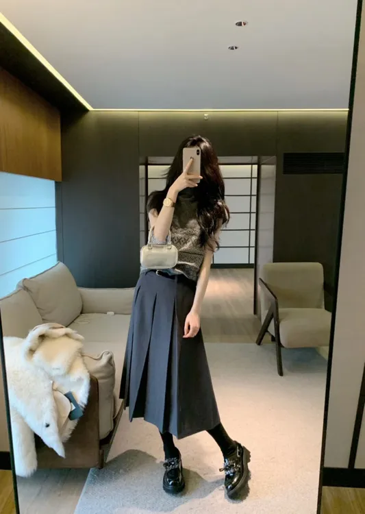 2026春季新款费尔岛高领短袖毛衣女复古提花针织慵懒风上衣半身裙