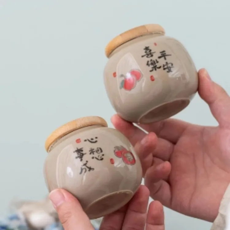 DD-ZH1072-心想事成+平安喜乐复古粗陶茶叶罐中式罐子密封罐茶罐