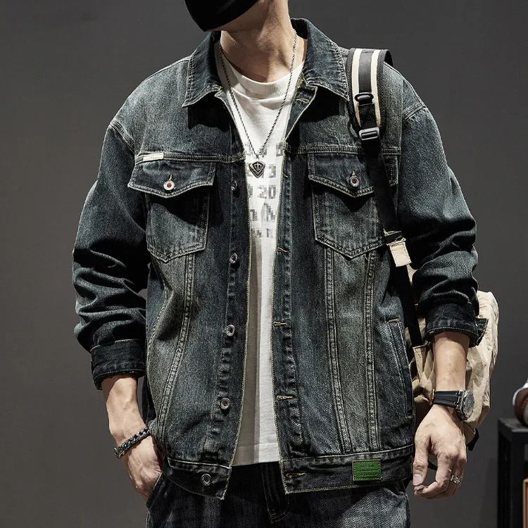 美式复古蓝牛仔外套男款春秋新款水洗做旧夹克上衣胖子加肥加大码