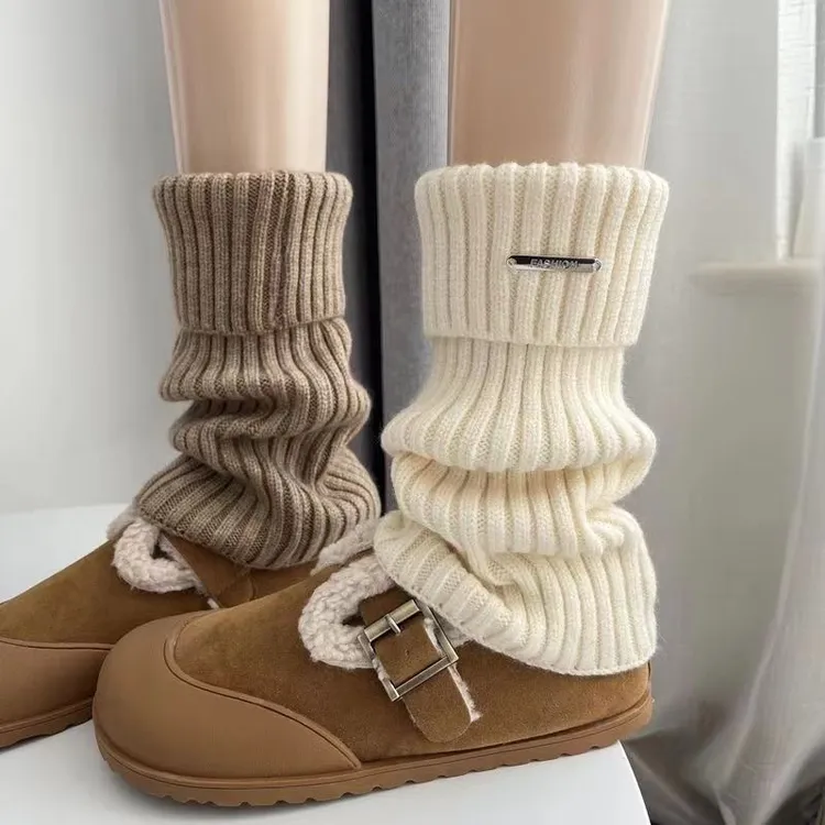 金属标日系奶白色羊绒袜套女秋冬季美式复古咖啡棕色翻口堆堆袜套
