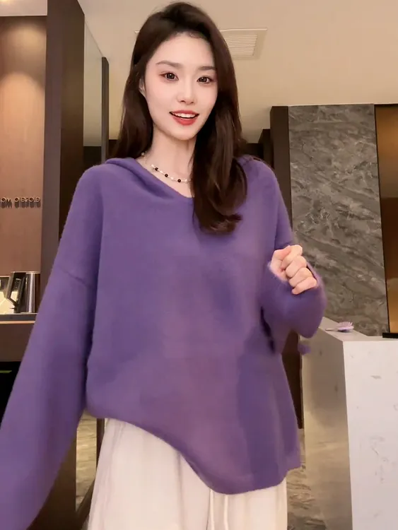 大码慵懒风紫色连帽针织毛衣女秋冬款胖mm宽松显瘦内搭打底衫上衣