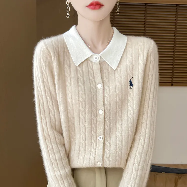 小马刺绣假两件针织开衫女polo领拼色羊毛衫外套秋冬厚款翻领上衣