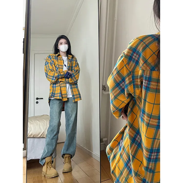 法式复古黄色格子衬衫外套女春秋外搭松弛感宽松衬衣开衫上衣小众