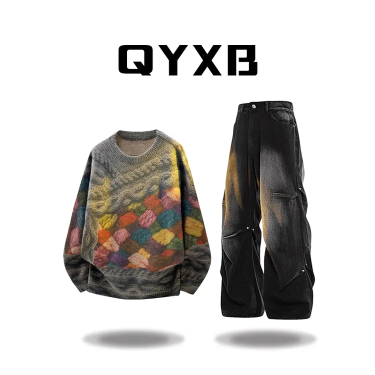 【品牌正品现货】QYXB潮流毛衣男秋冬针织印花休闲上衣百搭男生衣服