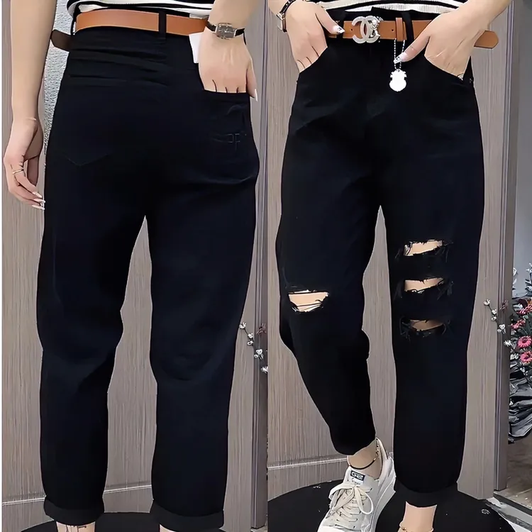 2025梨型身材破洞弹力显瘦女微胖新款穿搭时尚百搭大码哈伦老爹裤