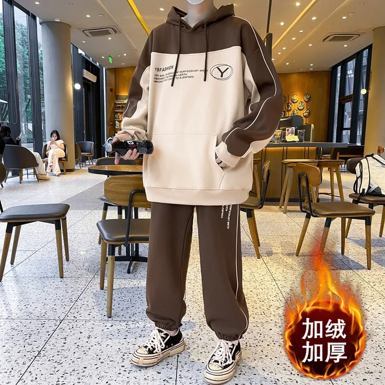 休闲运动套装秋冬加绒加厚女男士套装加厚韩版百搭连帽潮流