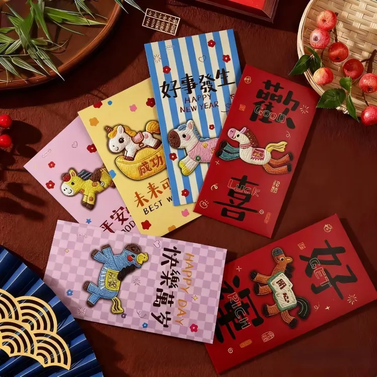 2026高颜值5D立体刺绣马年加厚平面创意卡通风格春节红包利是封