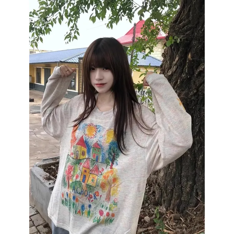 手绘涂鸦防晒罩衫上衣女装夏季新款复古宽松打底透气花纱长袖T恤