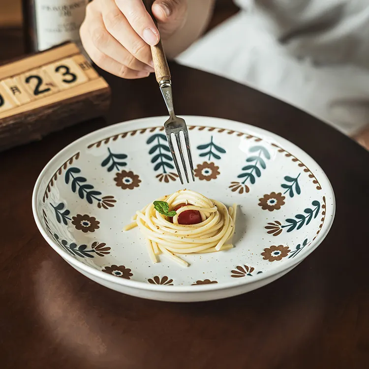 田园风复古深盘陶瓷盘子圆盘西餐盘意面盘家用餐具特色菜盘沙拉盘
